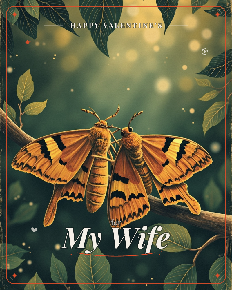 Two golden-orange moths with bold black-striped wings perch face to face on a slender branch, framed by dark green leaves, a valentine e-card design