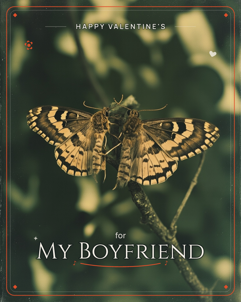 Two patterned moths rest wing to wing on a slender twig, their cream and black markings catching a warm, sepia-toned light against a softly blurred…, a valentine e-card design