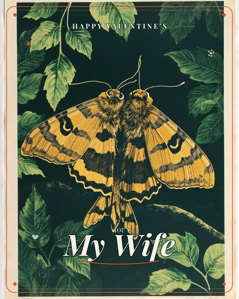 A large golden moth with black-banded wings and curling feathered antennae rests against a deep forest-green background, its wings spread wide and…, a valentine e-card design