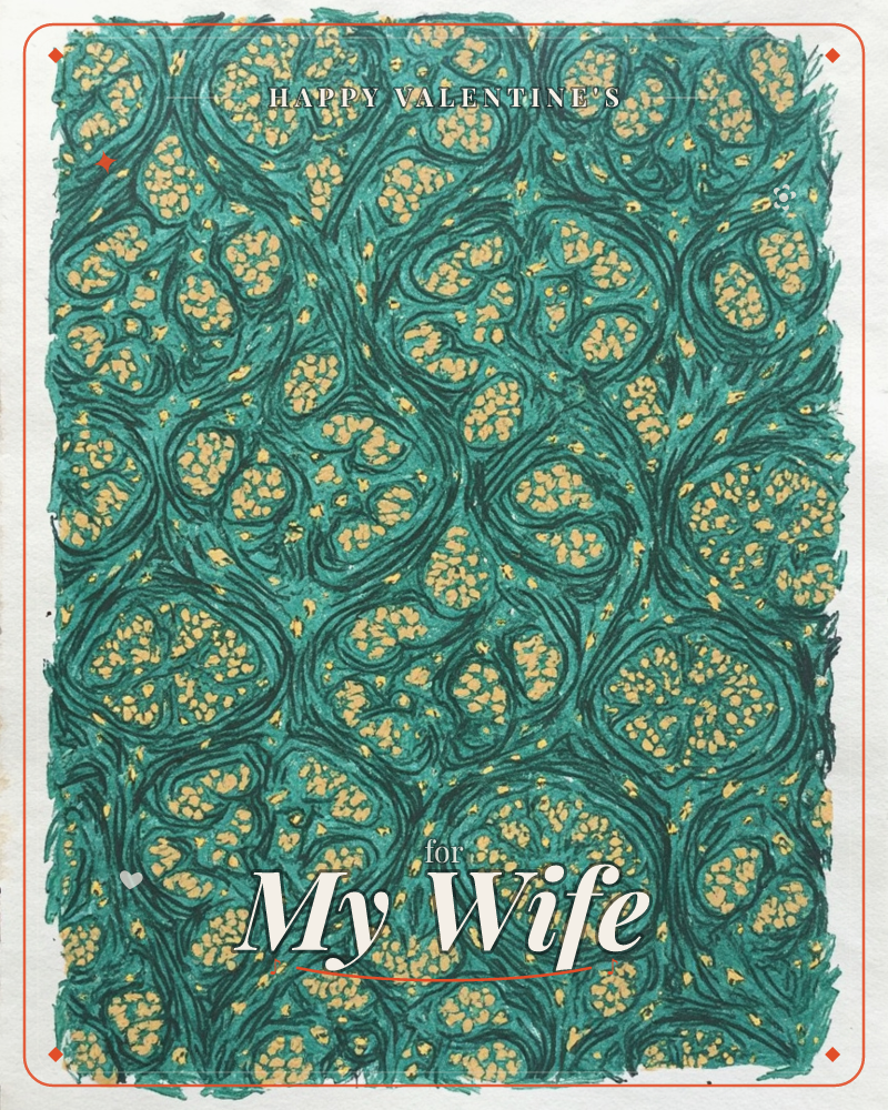 An all-over pattern fills the card edge to edge with looping, vine-like teardrop shapes drawn in dark green ink, each enclosing clusters of small…, a valentine e-card design