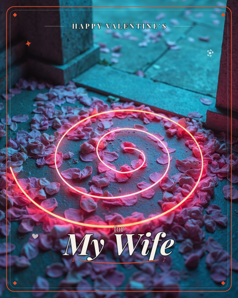 A glowing red-orange spiral of light rests on stone paving between two dark pillars, surrounded by scattered pink petals, a valentine e-card design