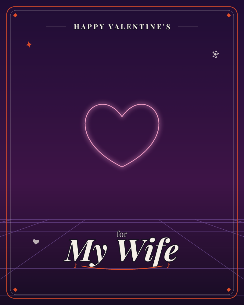 A single pink neon heart glows against a dark purple gradient sky, hovering above a retro-futuristic grid floor stretching into the distance, a valentine e-card design by @DittyCityTeam