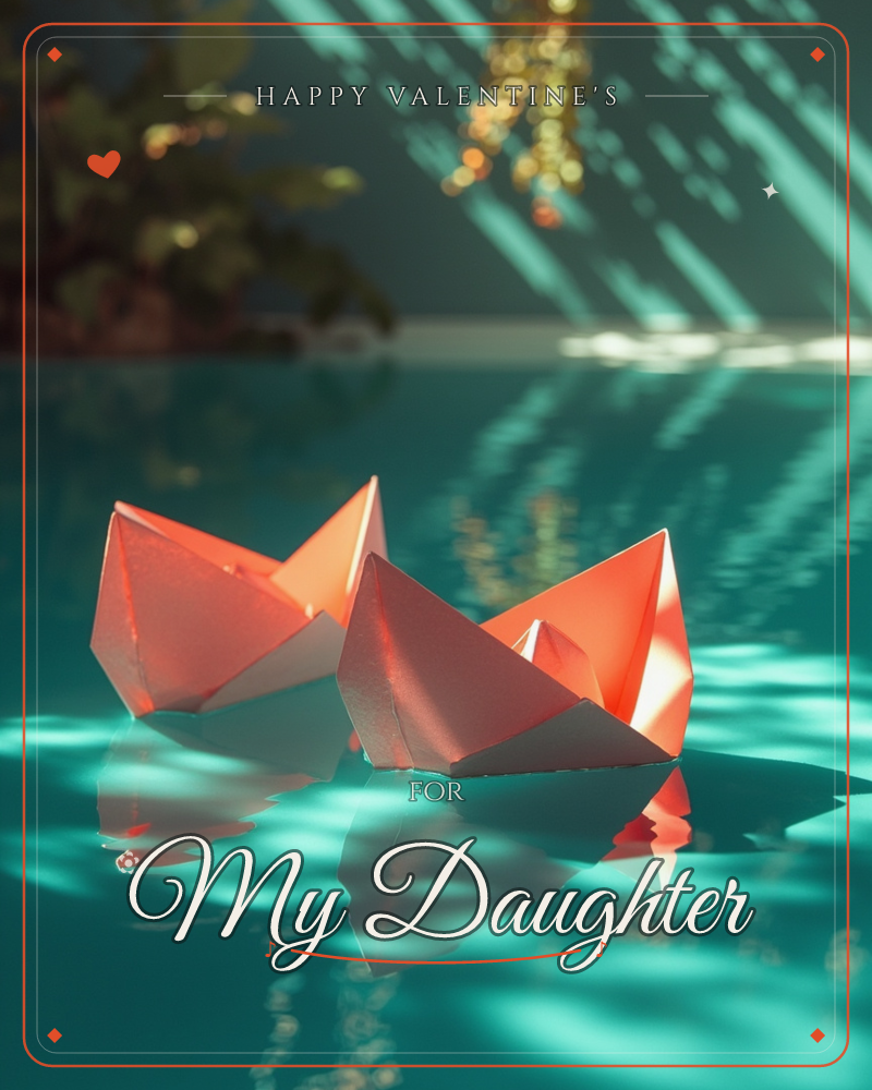 Two coral-orange paper boats float side by side on a teal pool, their sharp folds catching warm sunlight against the cool water, a valentine e-card design