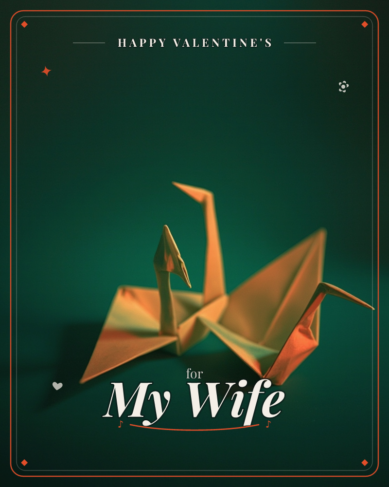 A single origami crane, folded from warm orange-gold paper, sits against a deep teal-green backdrop lit with dramatic side light, a valentine e-card design