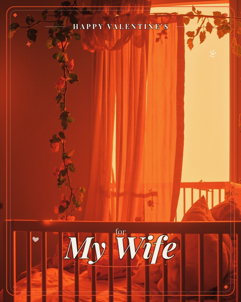 A nursery bathed entirely in deep orange light, sheer curtains glowing where sunlight pours through a window behind them, a valentine e-card design