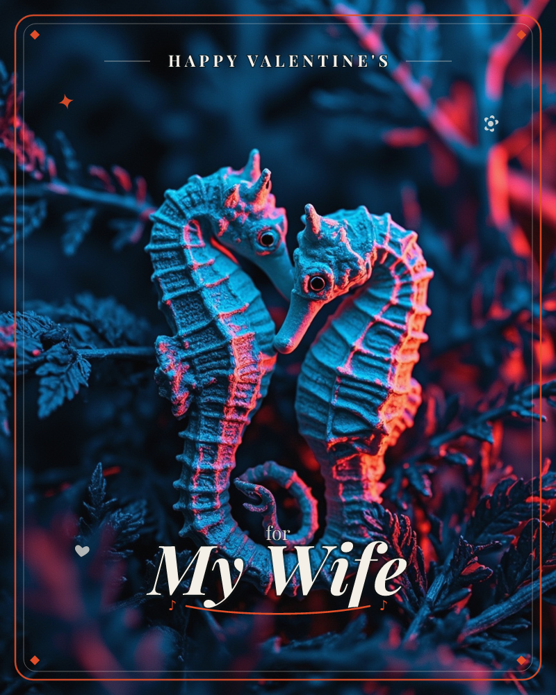 Two seahorses curl together face to face among feathery coral fronds, their ridged bodies lit in deep blue with a glowing coral-red rim light, a valentine e-card design