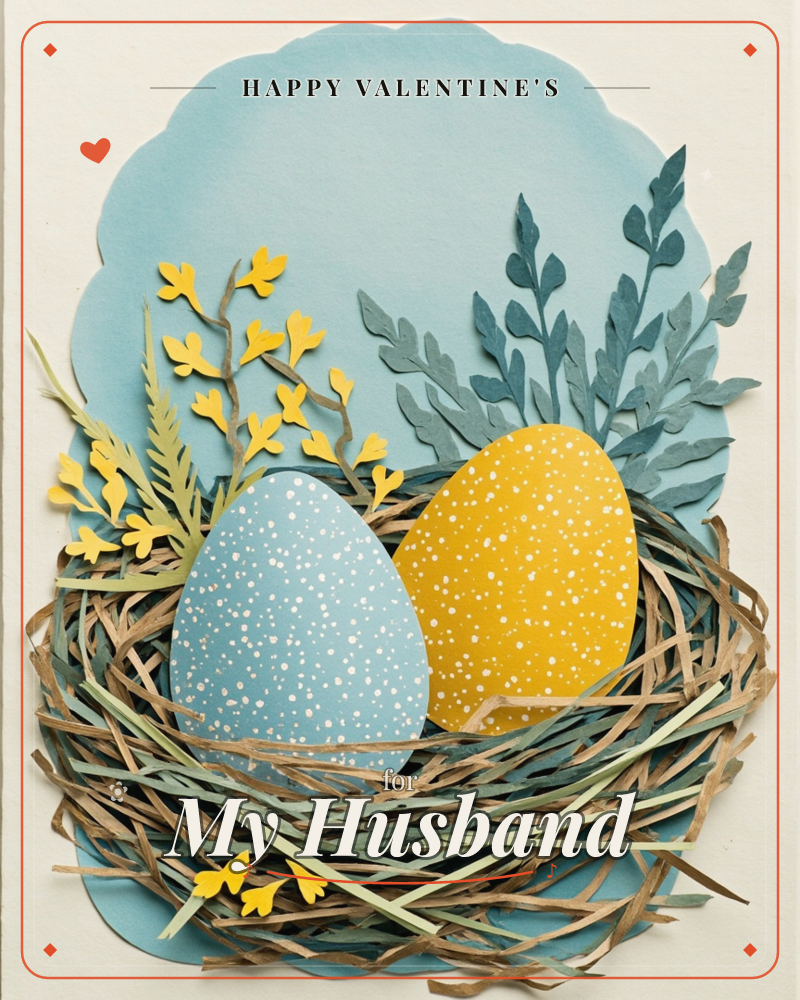 A paper-craft nest of woven straw cradles two large speckled eggs, one dusty blue and one golden yellow, set against a scalloped sky-blue backdrop, a valentine e-card design