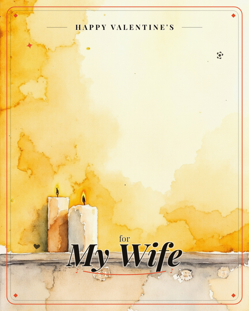 Two lit candles stand side by side on a stone ledge, their small flames glowing against a warm wash of golden and amber watercolour, a valentine e-card design