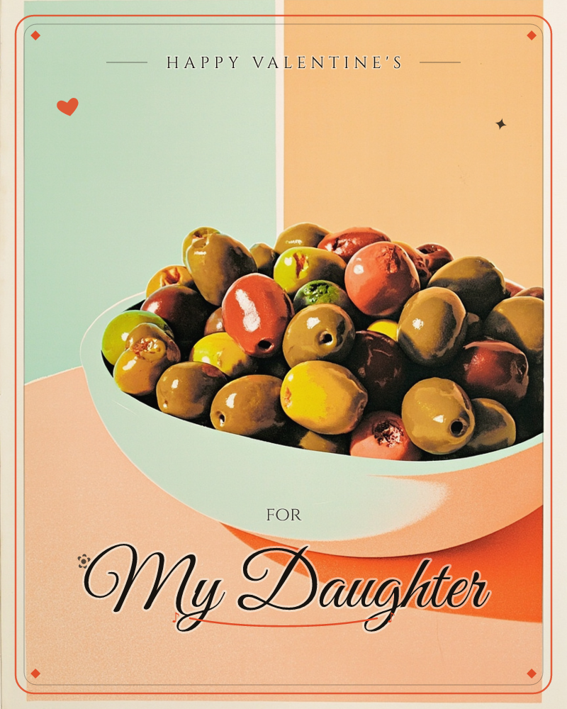 A wide pale bowl is piled high with glossy olives in shades of green, gold, brown and reddish-black, each catching a bright highlight, a valentine e-card design