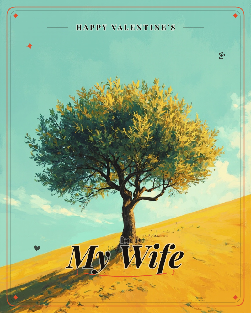 A single sturdy tree stands alone on a golden, sunlit hillside beneath a wide turquoise sky, a valentine e-card design