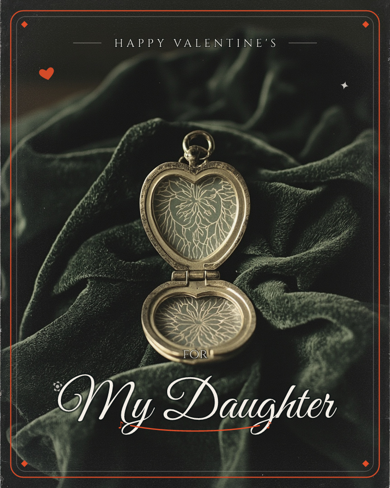 An open heart-shaped locket rests on a bed of rumpled deep green velvet, its two glass panels etched with delicate mirrored floral engravings, a valentine e-card design