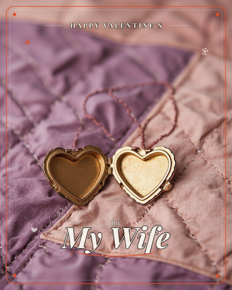 A small gold heart-shaped locket lies open on a quilted satin surface, its chain looped loosely beside it, a valentine e-card design