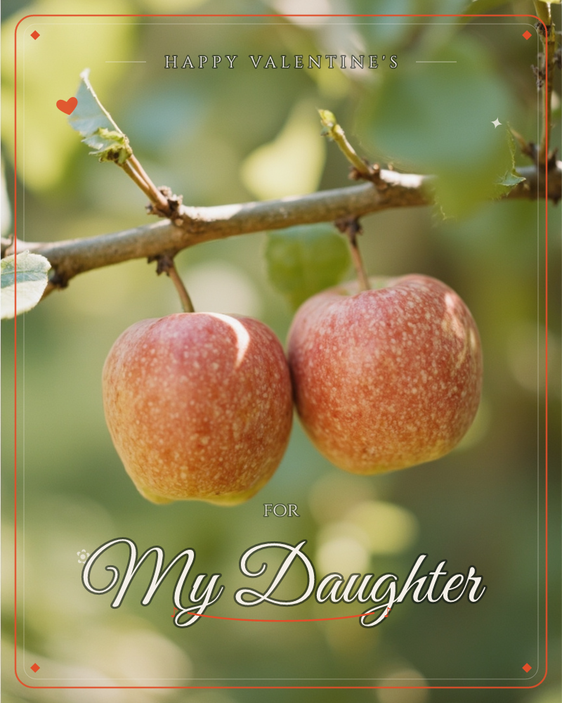 A close-up photograph of two ripe apples hanging side by side from a slender branch, their red-blushed skins catching warm dappled sunlight against a…, a valentine e-card design