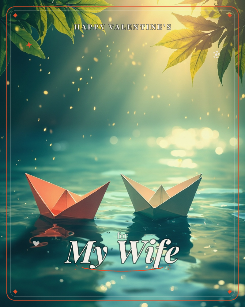 Two paper origami boats, one coral pink and one pale white, float side by side on rippling teal water beneath overhanging green leaves, a valentine e-card design