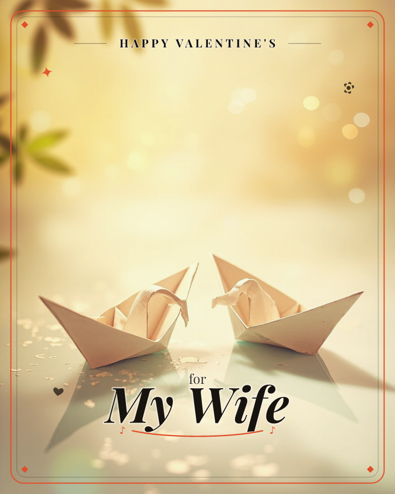 Two folded paper boats sit facing each other on a glassy, reflective surface, their pale cream forms mirrored below, a valentine e-card design