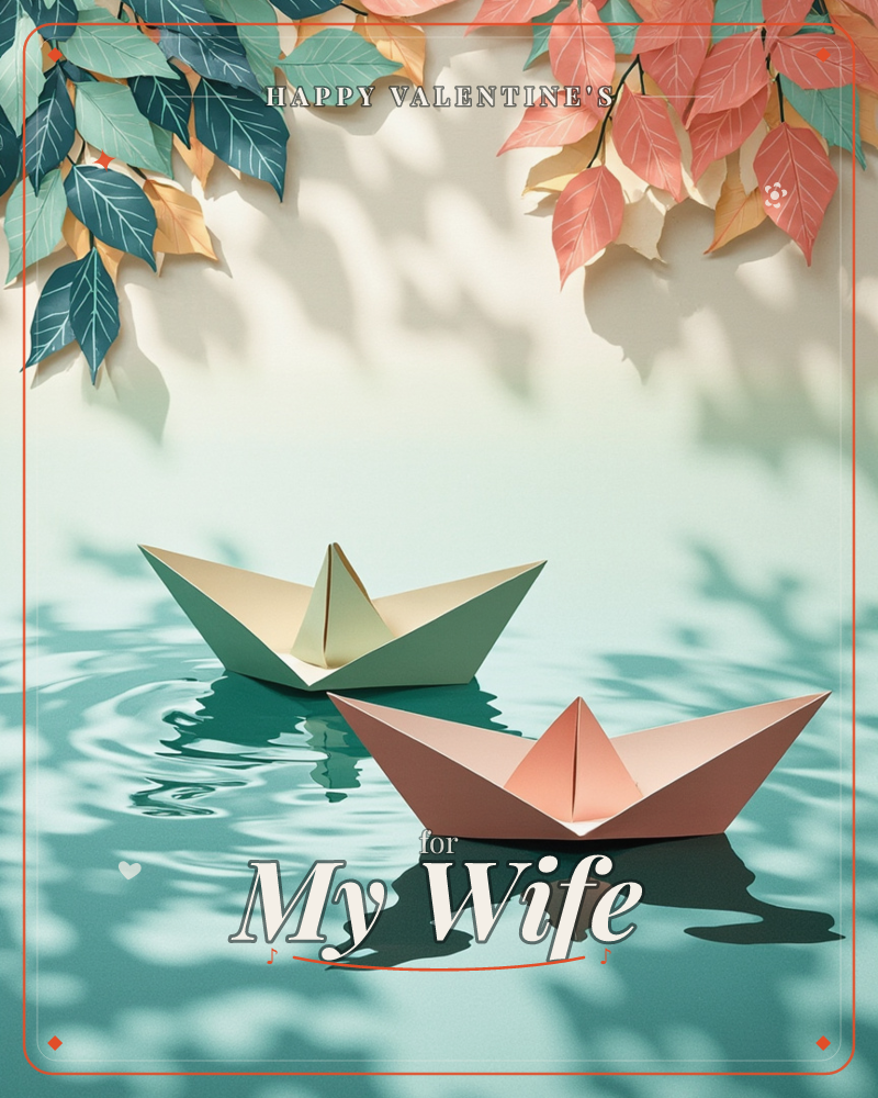 Two paper origami boats, one cream and sage green, the other coral pink, float side by side on a still teal pond, a valentine e-card design