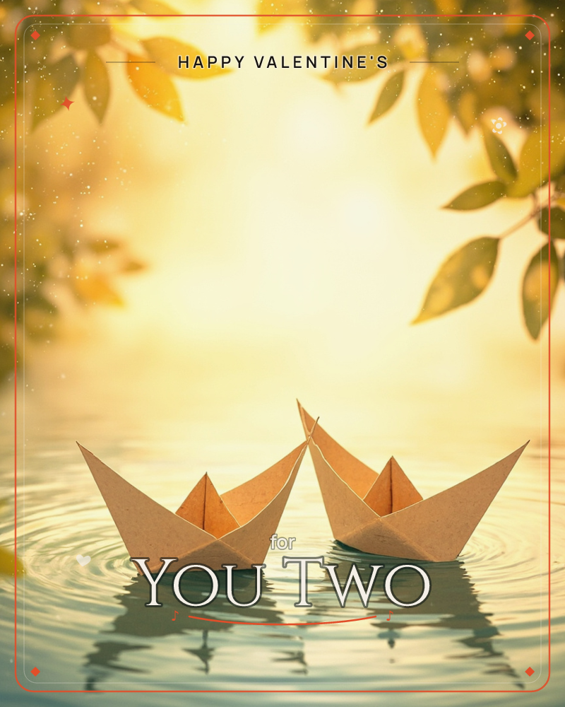 Two small paper boats float side by side on calm water, tilted gently toward each other as if in conversation, a valentine e-card design