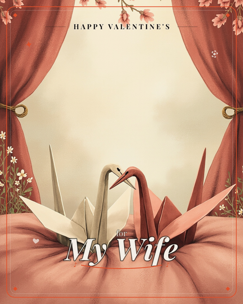 Two origami cranes, one ivory and one terracotta-red, face each other with necks curved together as if in conversation, perched on a soft draped cushion, a valentine e-card design