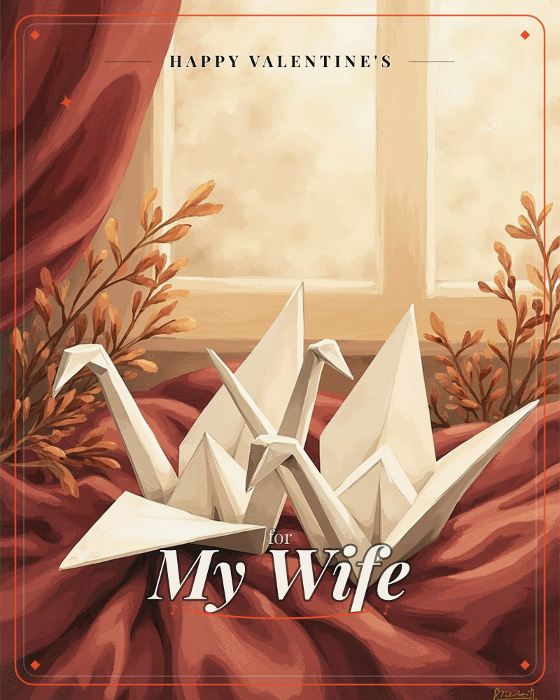 Three white origami cranes rest together on folds of deep red fabric, framed by sprigs of dried golden leaves and a warm, softly glowing window behind…, a valentine e-card design