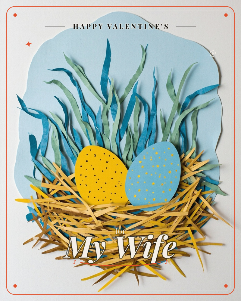 A paper-craft nest woven from golden straw cradles two speckled eggs, one mustard yellow with black dots and one sky blue with tiny gold stars, set…, a valentine e-card design