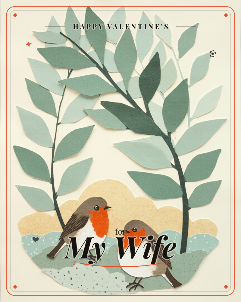 Two robins with bright orange breasts stand together on a paper-cut hillside, sheltered beneath tall arching branches of layered leaves in soft sage…, a valentine e-card design