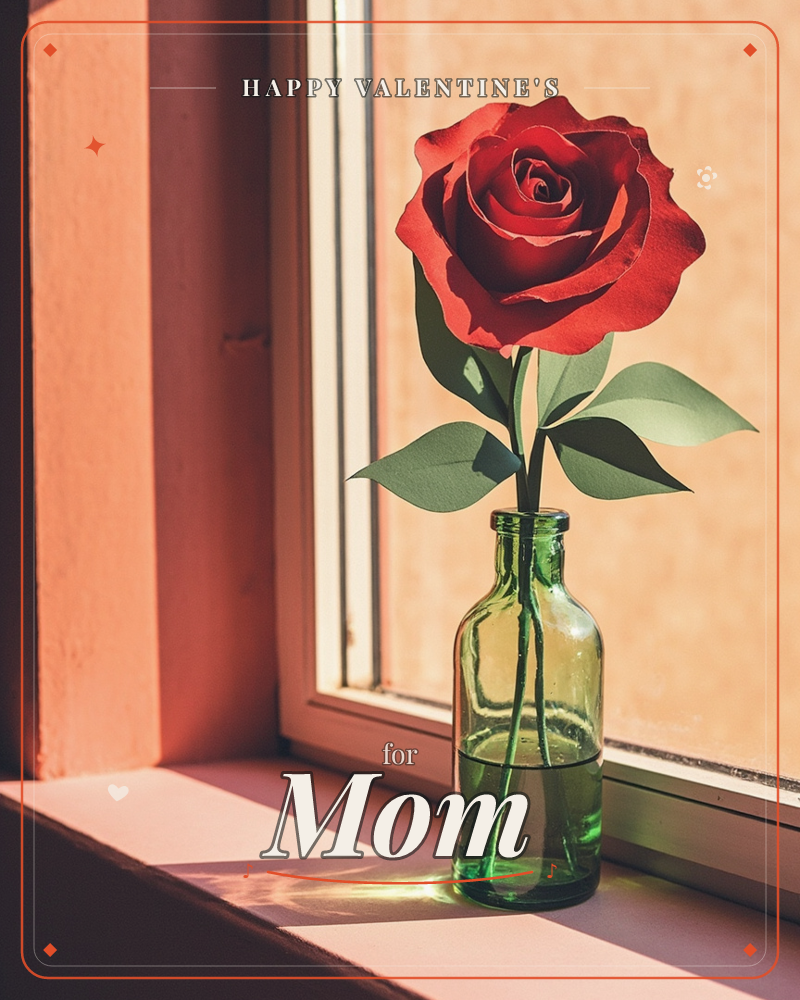 A single paper rose with cut-paper leaves stands in a small green glass bottle on a sunlit windowsill, a valentine e-card design