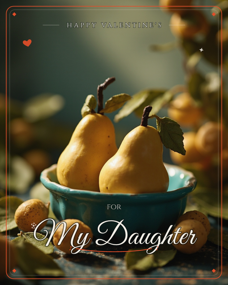 Two golden pears with their stems and leaves still attached sit nestled in a scalloped-edged turquoise bowl, surrounded by small speckled fruits and…, a valentine e-card design