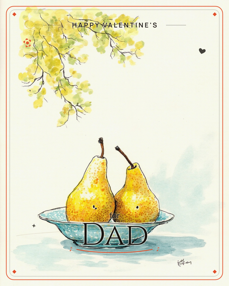 Two speckled yellow pears lean together on a pale blue dish, sitting beneath a trailing branch of small yellow-green leaves, a valentine e-card design