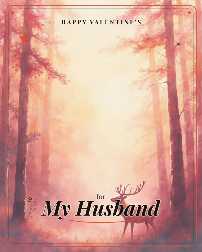 A stag with tall antlers stands in a clearing between rows of tall pine trees, bathed in soft pink and gold light that glows from the misty center of…, a valentine e-card design
