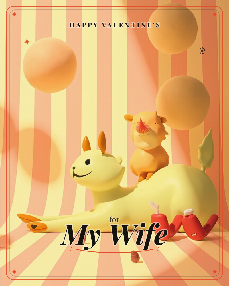 A whimsical 3D-rendered card shows a smiling pale-yellow creature, part rabbit part dragon, lounging on striped orange and cream fabric, with a smaller…, a valentine e-card design