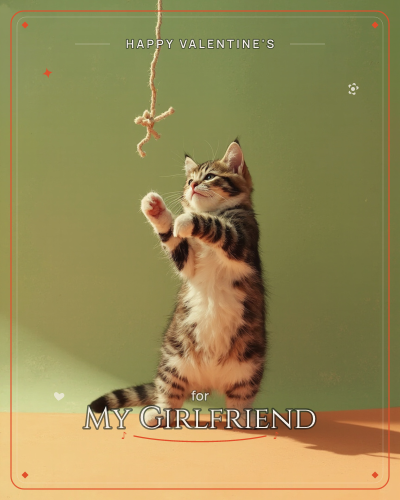 A tabby kitten stands up on its hind legs against a plain sage-green wall, both front paws raised to bat at a knotted piece of string dangling from above, a valentine e-card design