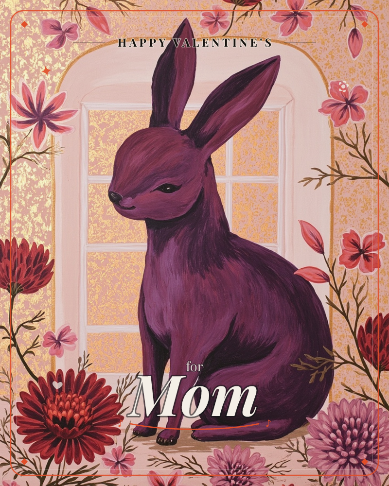A deep plum-purple hare sits upright in profile before an arched window, its long ears standing tall against a gilded, textured backdrop, a valentine e-card design