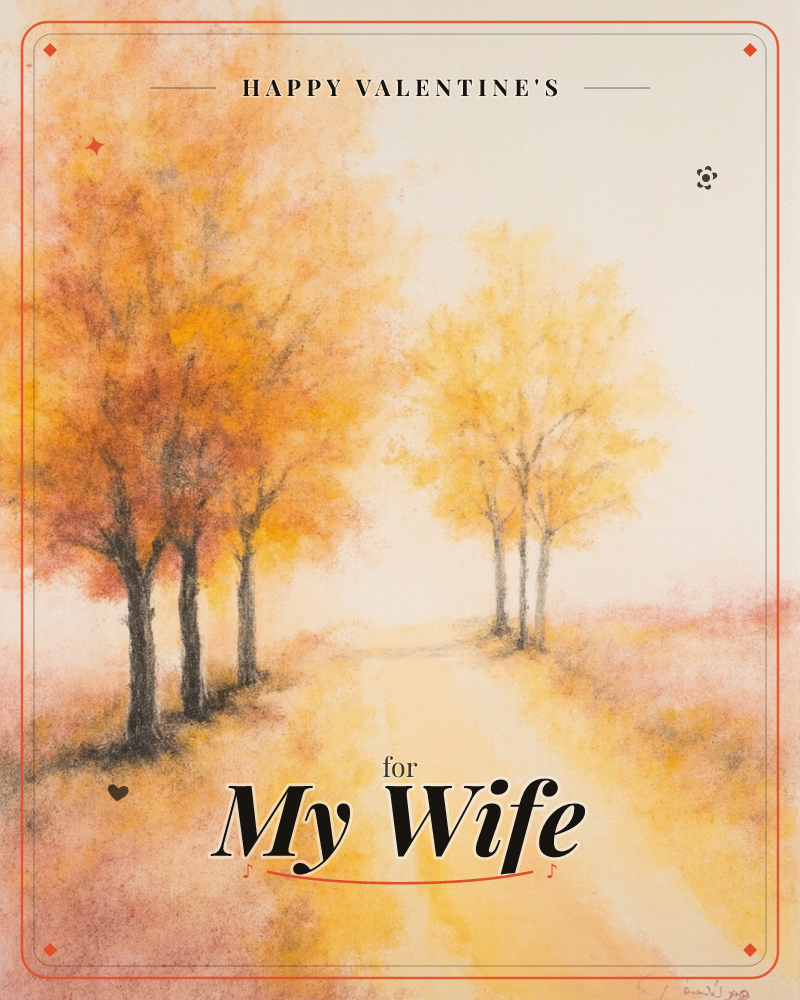 A quiet country lane stretches into a hazy horizon, flanked by clusters of autumn trees glowing in orange, gold, and rust, a valentine e-card design