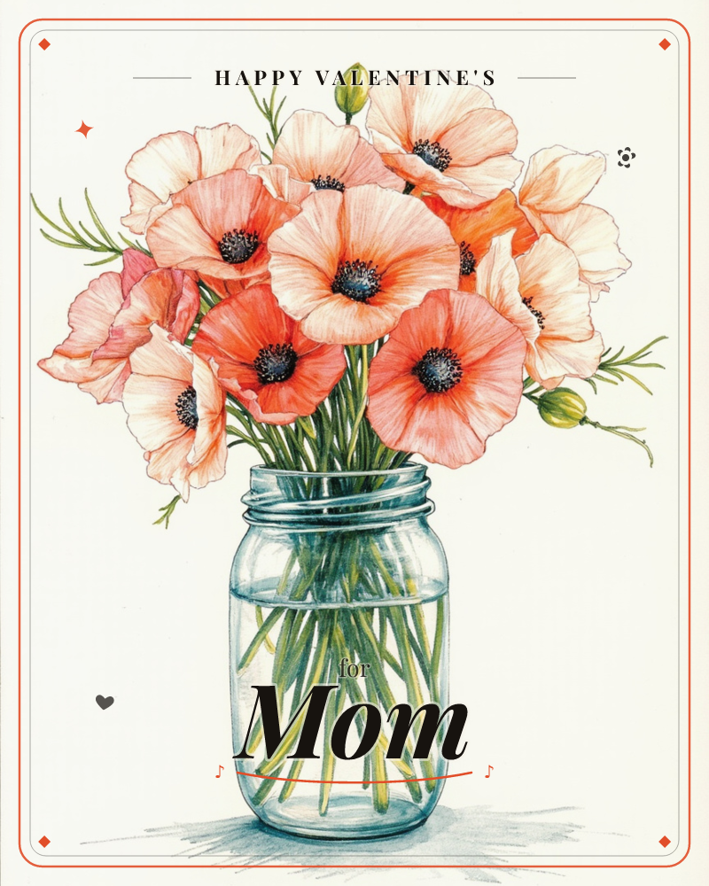 A glass mason jar holds a loose bunch of coral and peach poppies, their crepe-like petals open wide around dark seed centres, with slender green stems…, a valentine e-card design