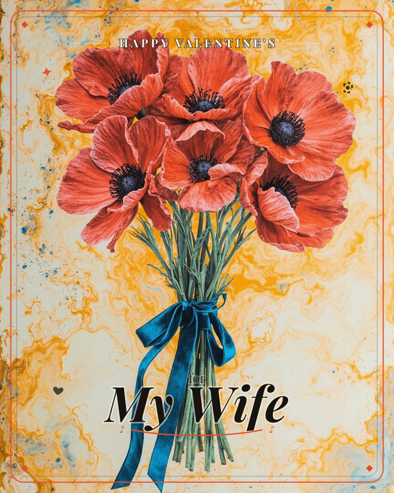 A bouquet of red poppies with dark velvety centres stands tied with a teal ribbon against a swirling gold and cream marbled background, a valentine e-card design