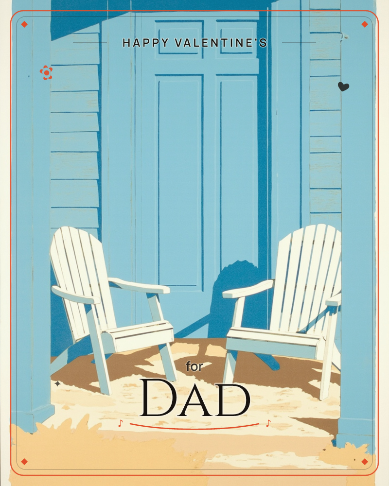 Two white Adirondack chairs sit angled toward each other on a sandy porch in front of a pale blue clapboard house with a paneled door, a valentine e-card design