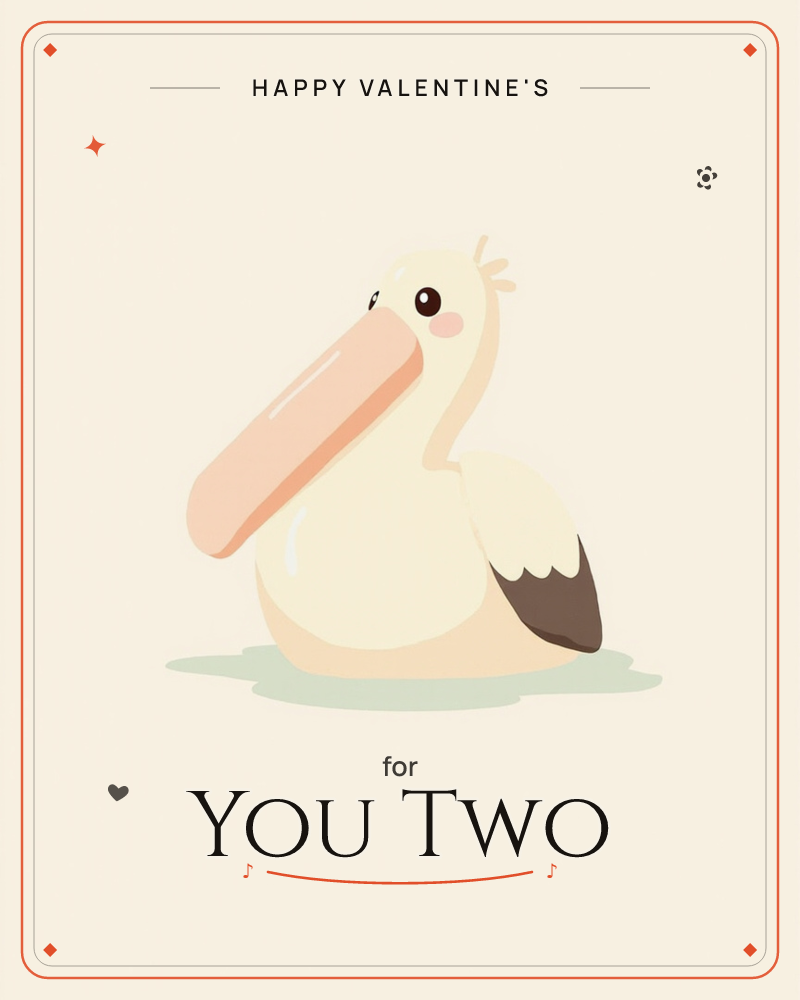 A round, cheerful pelican sits on a soft sage puddle, its blushing cheeks and oversized peach beak catching a gentle highlight, a valentine e-card design