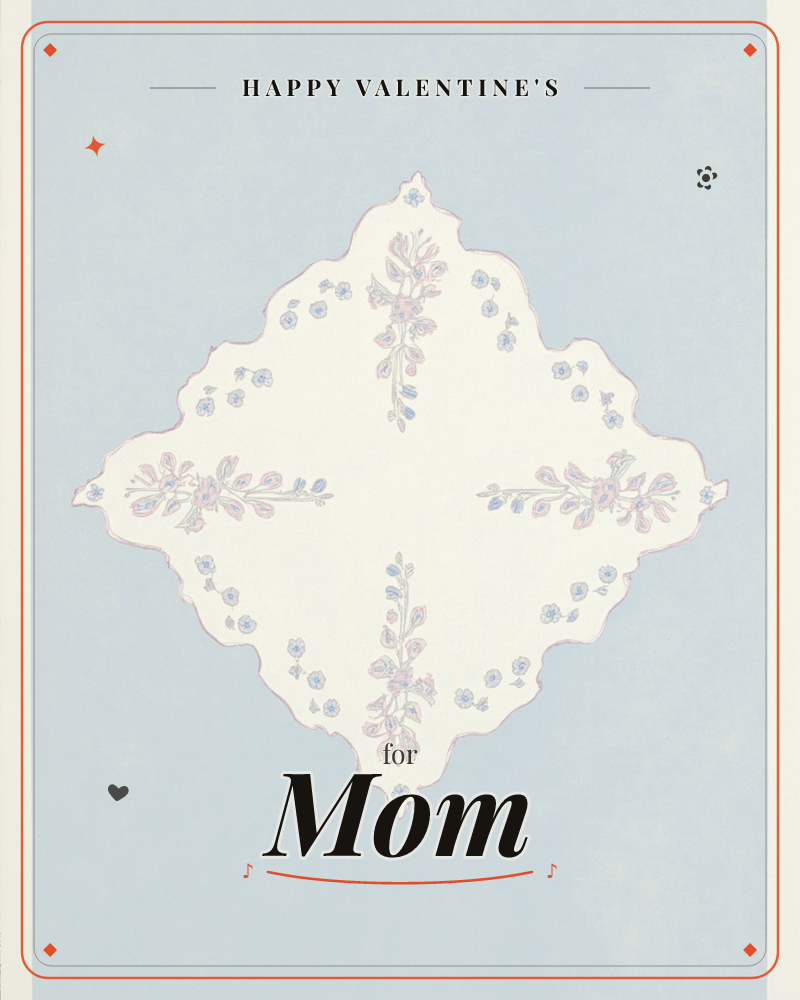 A cream diamond-shaped panel sits against a soft powder-blue background, its scalloped edges outlined in a fine pink line, a valentine e-card design