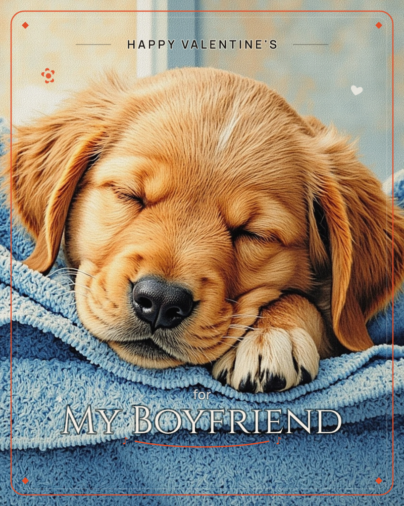 A golden puppy lies fast asleep with its head nestled into a soft blue towelled blanket, one paw tucked under its chin, a valentine e-card design