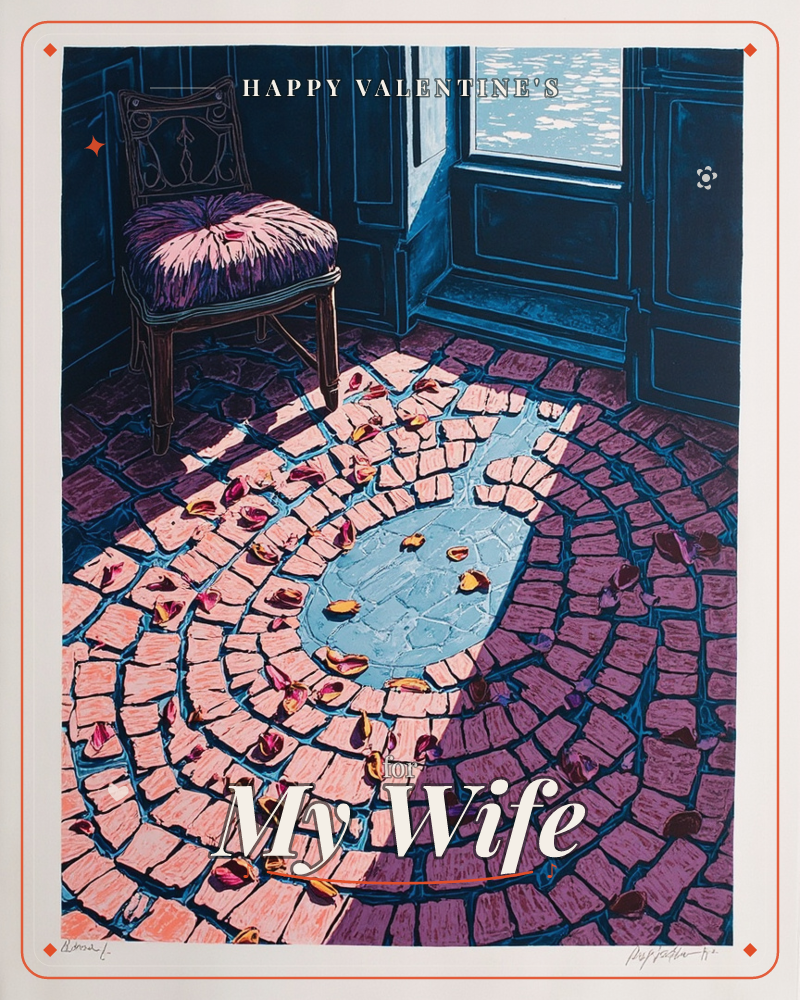 A stylised interior scene shows a cobbled, fan-patterned stone floor spilling with fallen petals, lit by pale light through a tall open doorway to the…, a valentine e-card design