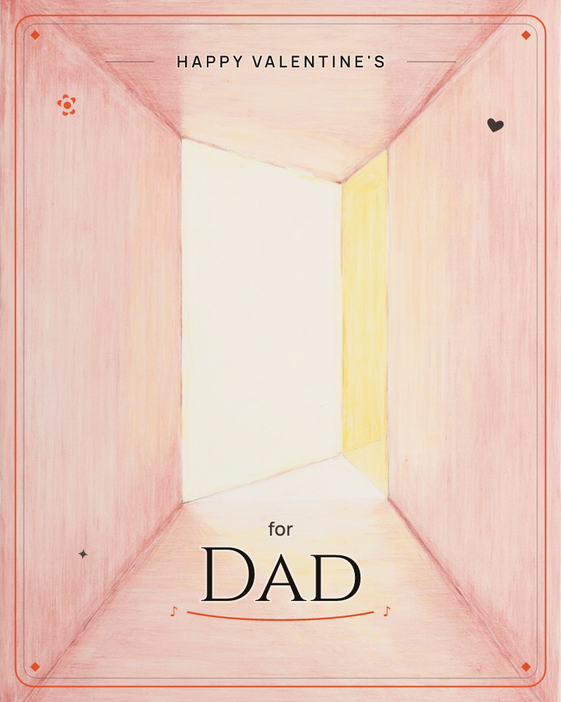 A narrow pink corridor tapers back to an open door glowing with warm yellow-white light, a valentine e-card design