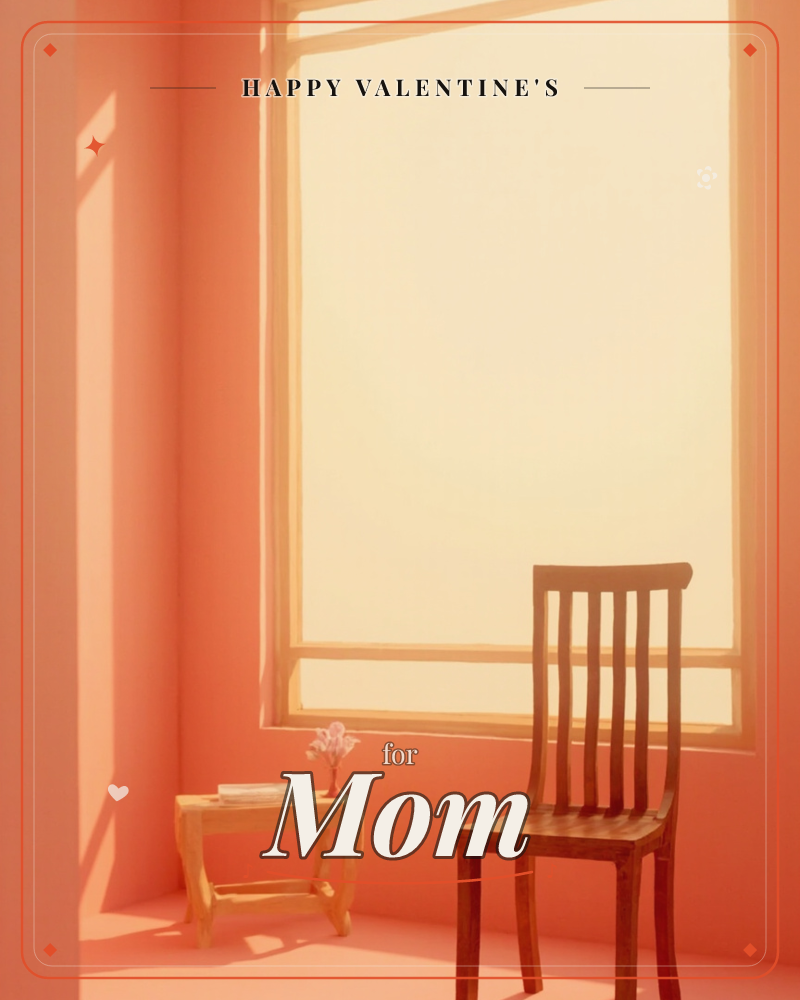 A quiet corner room bathed in warm coral light, with a large glowing window filling the wall behind a wooden chair and small stool, a valentine e-card design