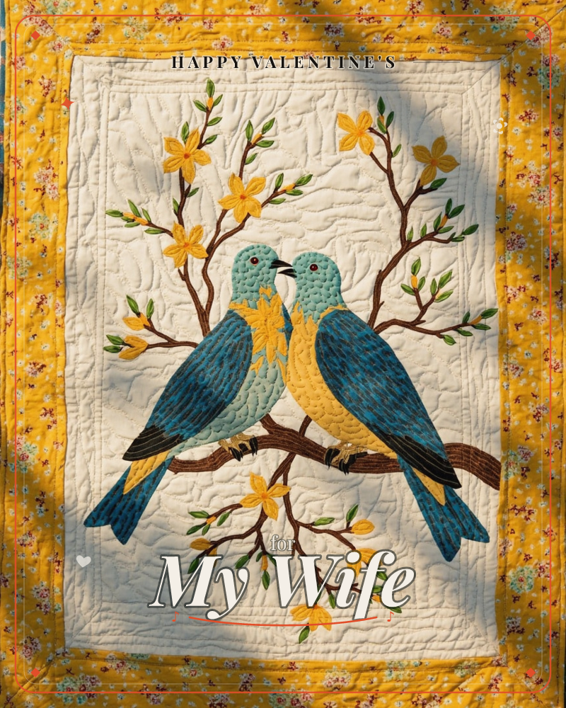 A quilted textile panel shows two teal-blue birds with golden-yellow breasts perched together on a stitched brown branch, surrounded by flowering…, a valentine e-card design
