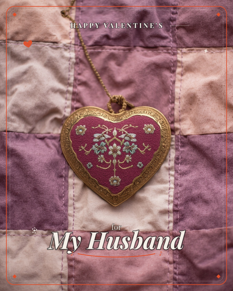 A heart-shaped ornament in deep burgundy sits on a patchwork quilt of dusty pinks and mauves, its gilded edge etched with delicate scrollwork and a…, a valentine e-card design