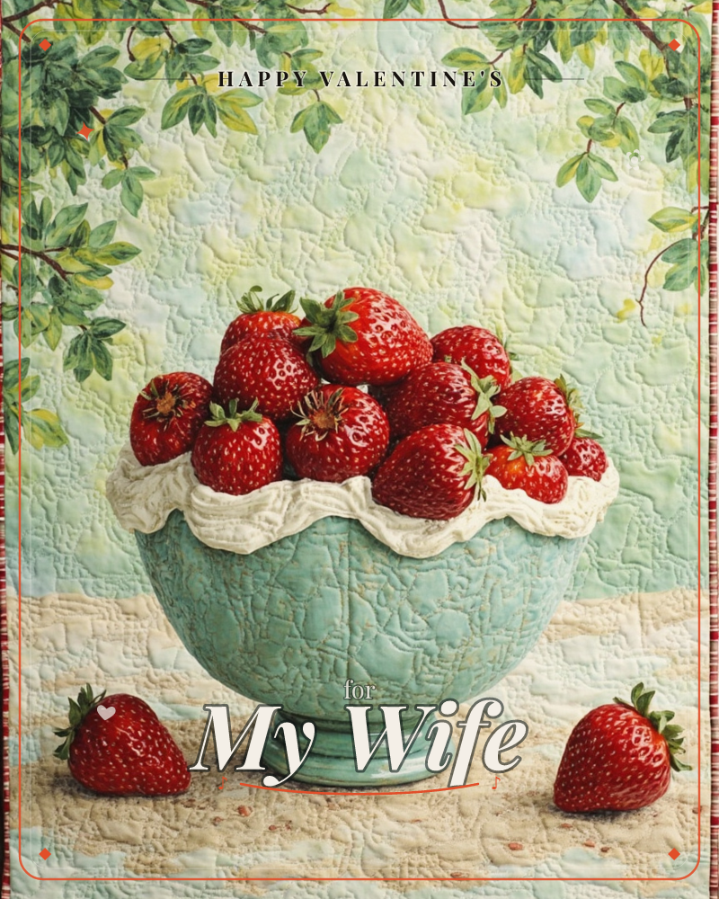 A quilted-look illustration of a pale mint-green pedestal bowl with a scalloped white rim, piled high with glossy red strawberries, a valentine e-card design