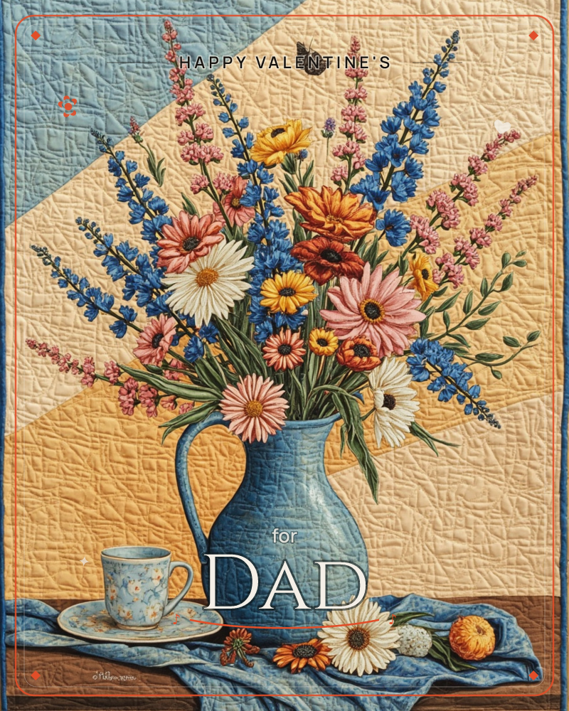 A blue ceramic pitcher overflows with a wildflower bouquet of daisies, blue delphiniums, orange poppies and pink cottage blooms, set on a wooden table…, a valentine e-card design