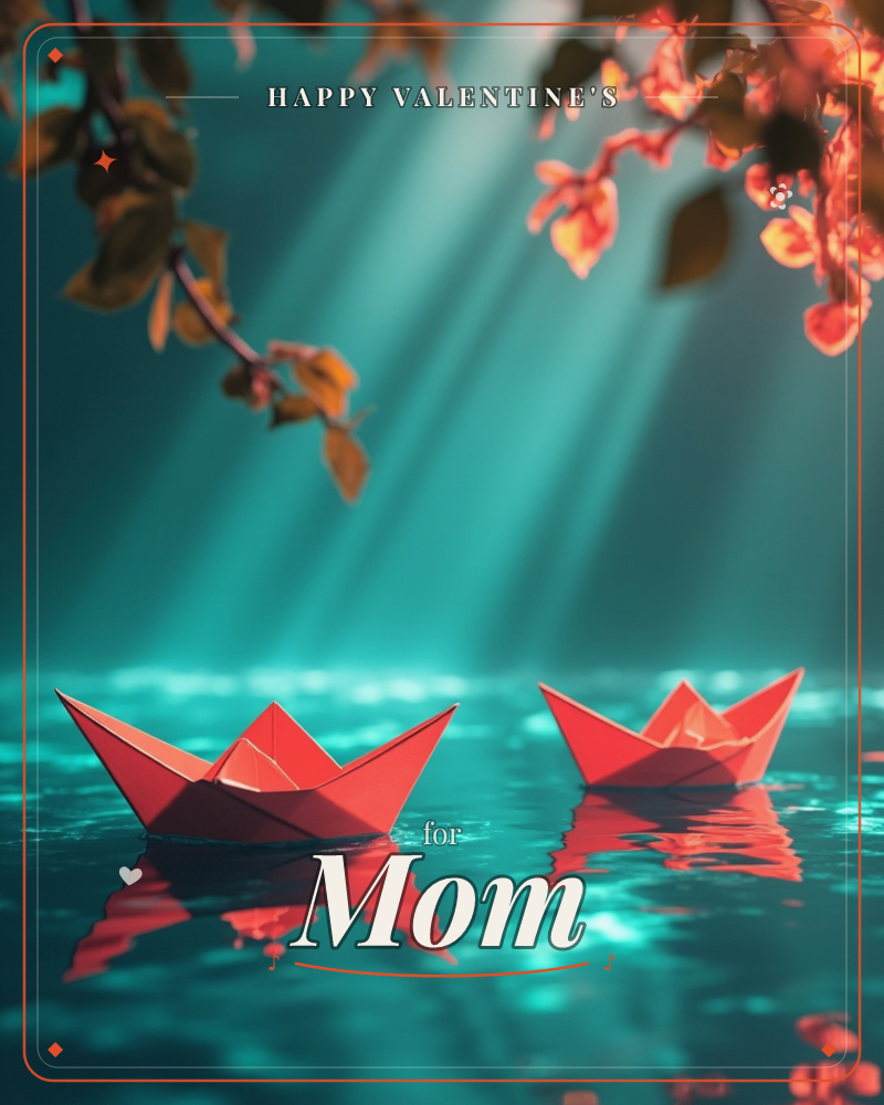Two small red paper boats float side by side on dark teal water, lit by soft shafts of light breaking through overhead branches, a valentine e-card design