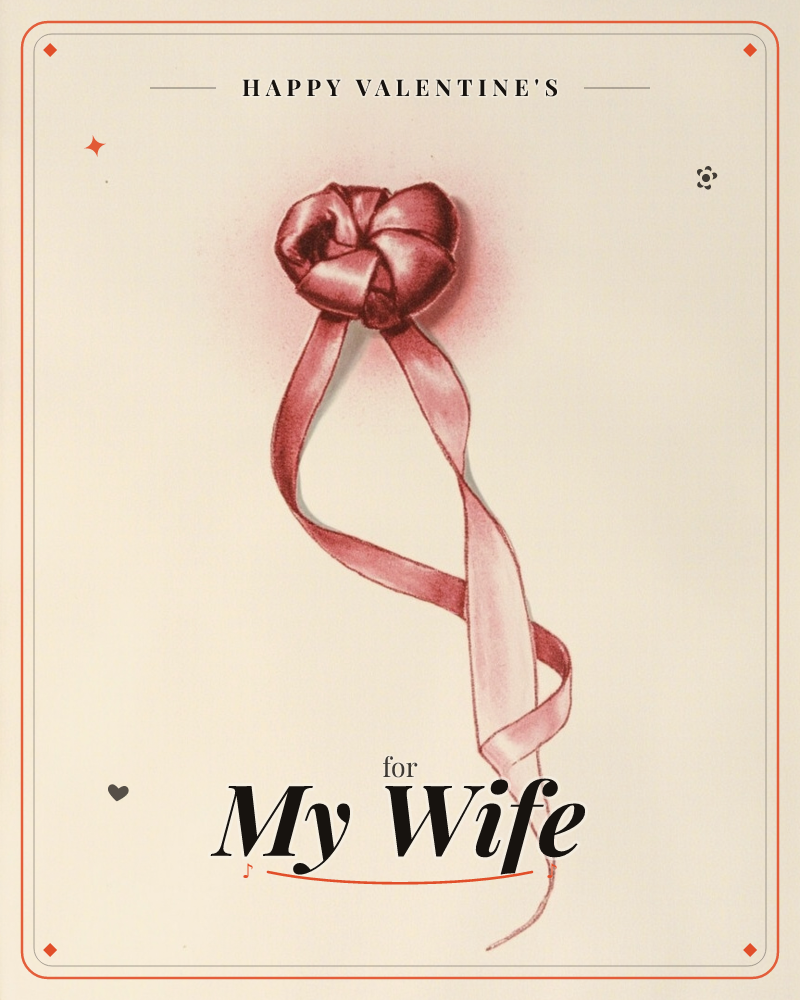 A single red satin bow sits at the top of a cream page, its two long ribbon tails curling and crossing down the centre in loose loops, a valentine e-card design