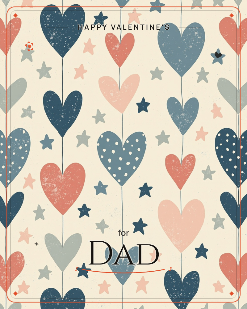 A repeating pattern of hearts on thin stems rises like balloons against a warm cream backdrop, scattered with small stars in matching tones, a valentine e-card design