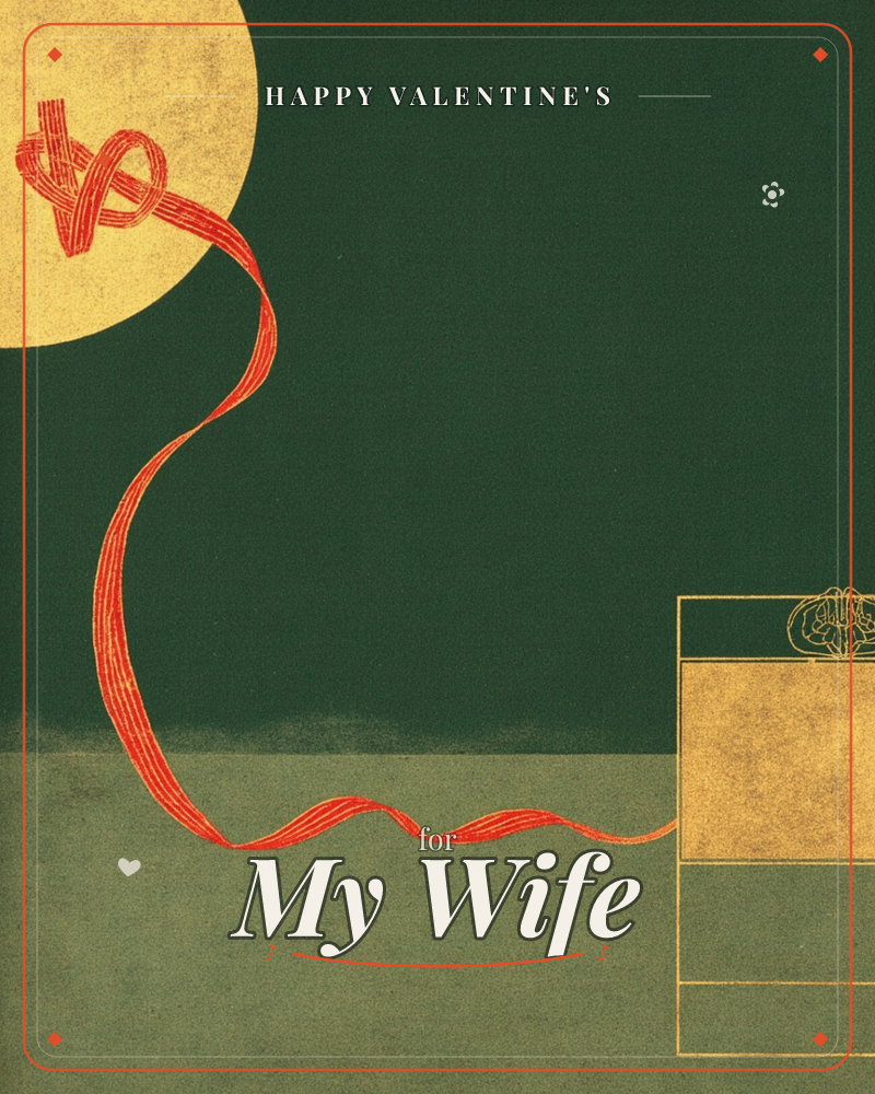 A long red ribbon, drawn in loose looping strokes, trails across a deep forest-green background from a golden circular moon at the top down to a…, a valentine e-card design